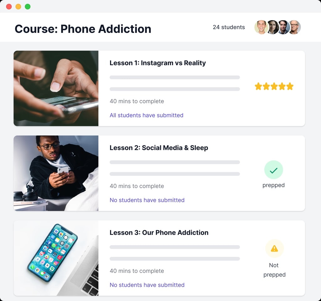 Screenshot of an online course titled Phone Addiction, showing three lessons with progress bars, images, and submission statuses for each lesson.