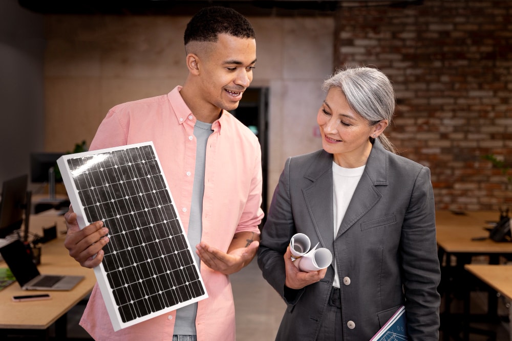 A man holding a small solar panel and discussing it with a woman holding rolled-up papers in an office setting.