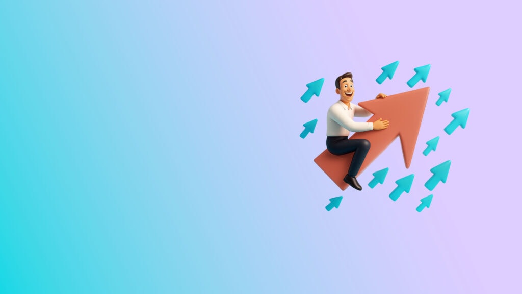 3D illustration of a smiling man in business attire riding a large red upward arrow