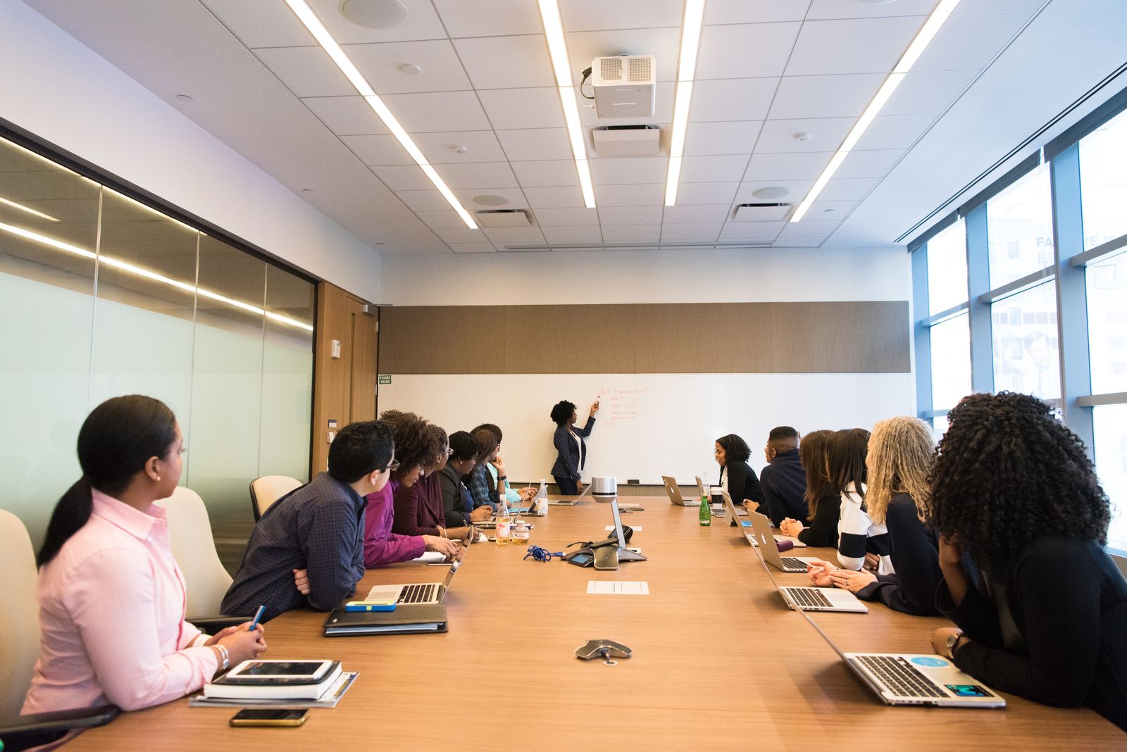 Salespeople collaborating on a whiteboard plan