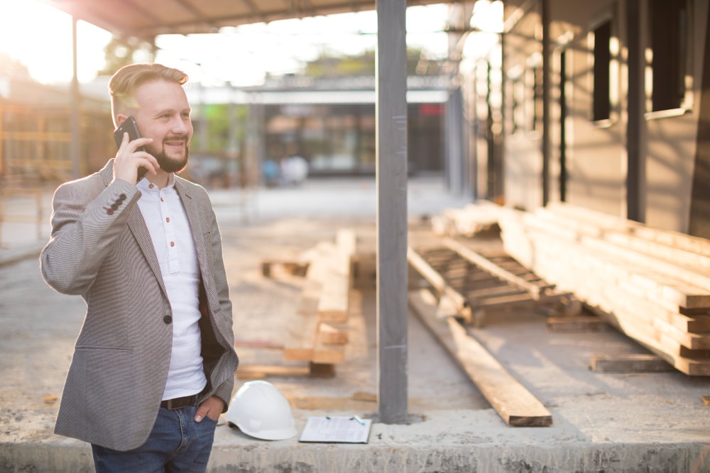 A man in a blazer stands at a construction site, talking on his phone. A white hard hat and clipboard are on a ledge beside him.