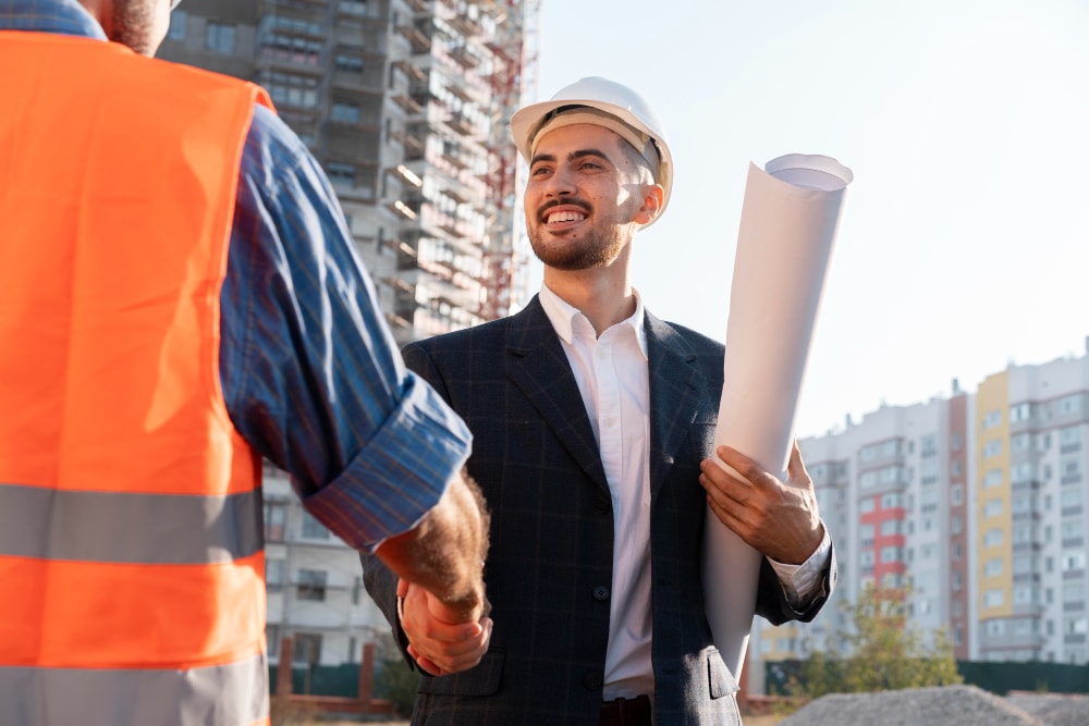 Construction sales professional shaking hands with builder on building site