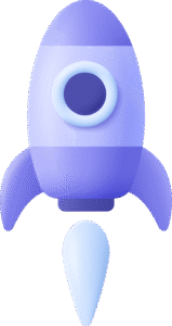 A minimalist, stylized illustration of a purple rocket ship with a blue circular window and two side fins, set against a light purple background.