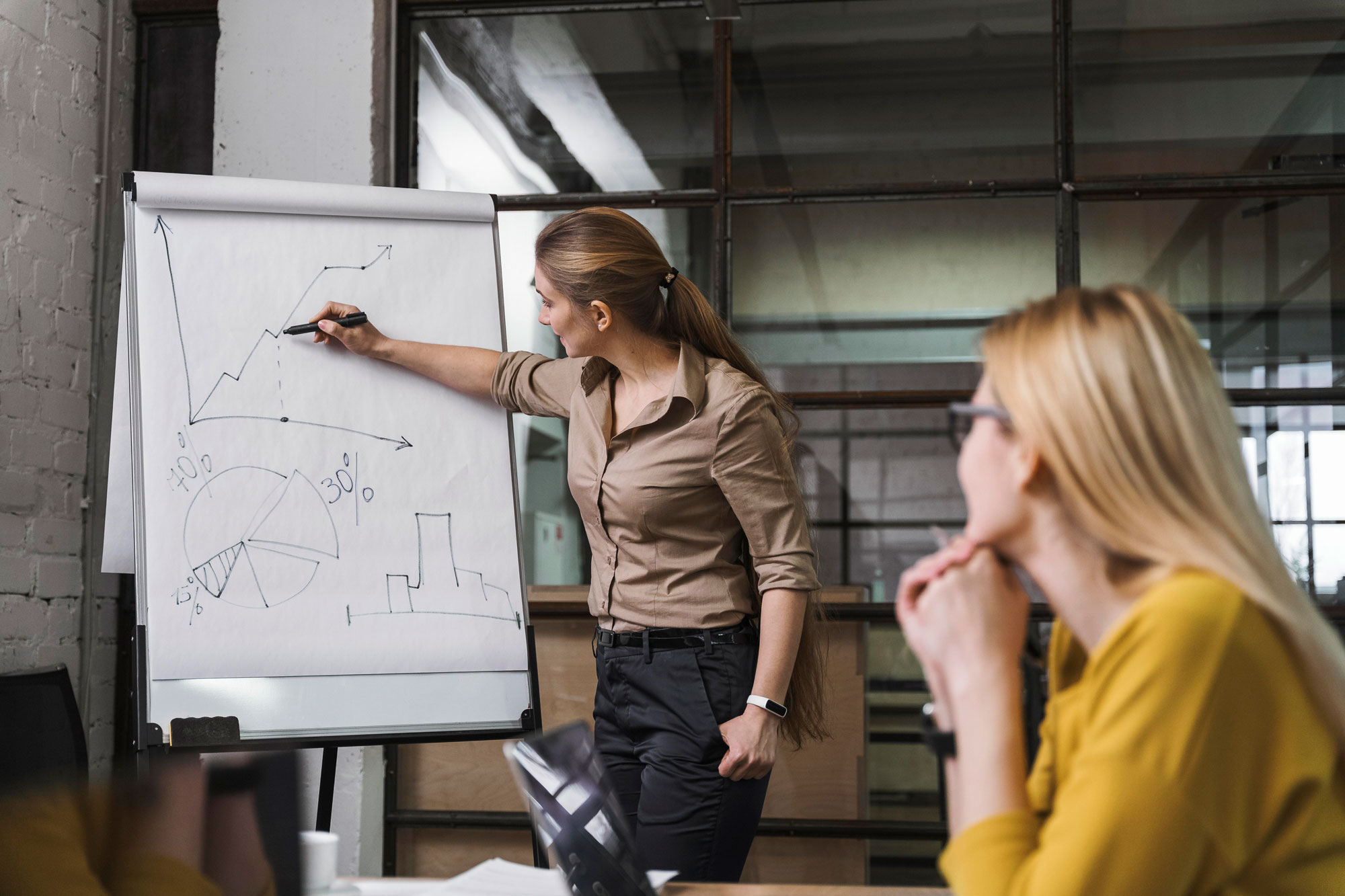 Woman in office with white board providing sales training