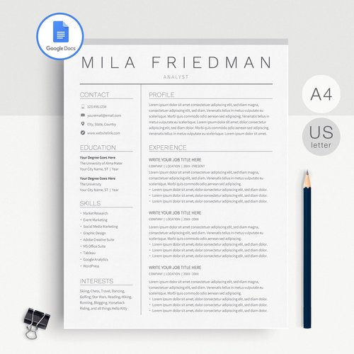 A minimalist resume template with sections for contact, profile, experience, education, skills, and interests, displayed beside a pencil, binder clip, and Google Docs icon.
