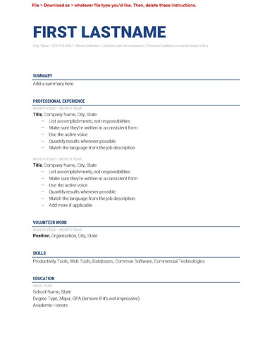 A minimalist resume template with sections for summary, professional experience, volunteer work, skills, and education, featuring placeholder text throughout.